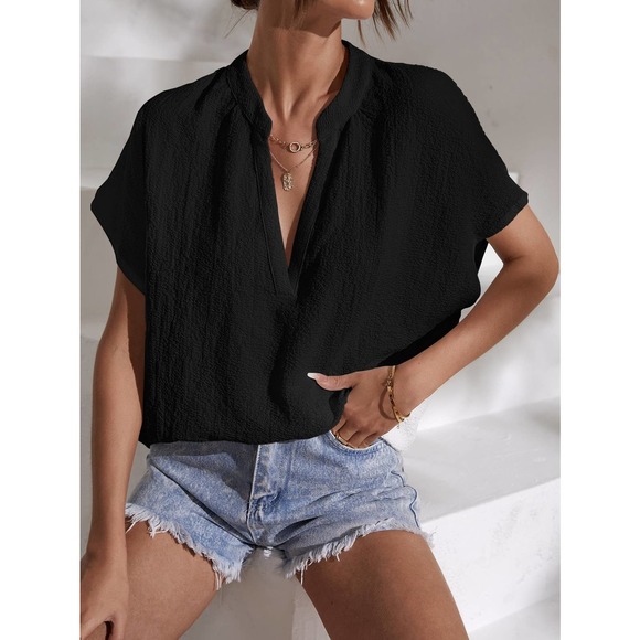 boho Notched Batwing Sleeve Blouse short sleeve hot pink - Picture 3 of 11